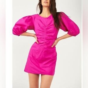 Free People Pink Ruched Puff Sleeve Mini Dress